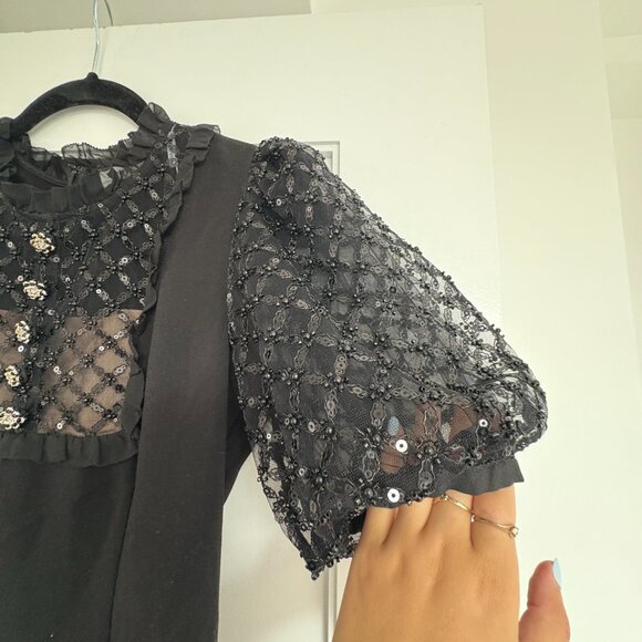 Self-Portrait Mini Dress Black Crepe LBD Puff Sleeves Lace Embellished Bib Sz 6 - Picture 4 of 9